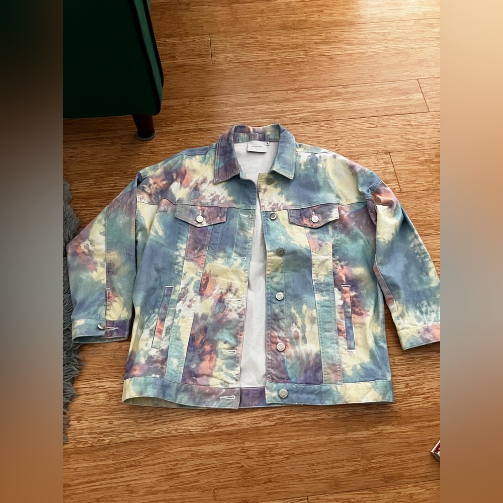 Digitally printed rainbow tie dye stretch denim jacket by Which We Want